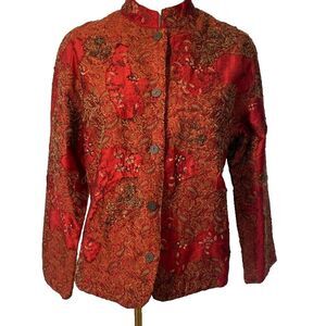 Chinese Silk Mandarin Collar Jacket Red Paisley Embroidered, Patchwork, Boho,  M